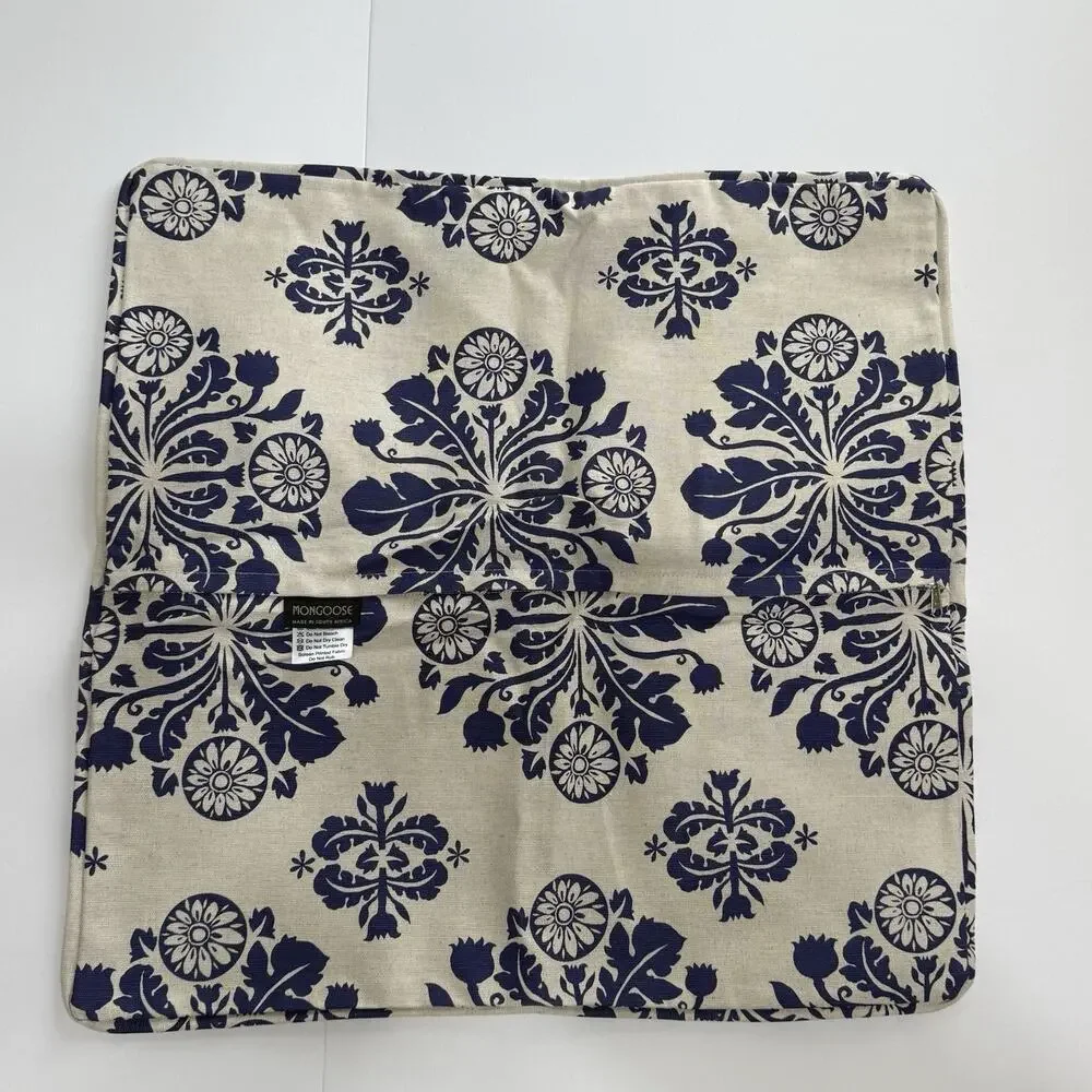 Mongoose Handcrafted 2 Blue Tile Print Cotton Pillow Covers 20”X20” Zip NWT